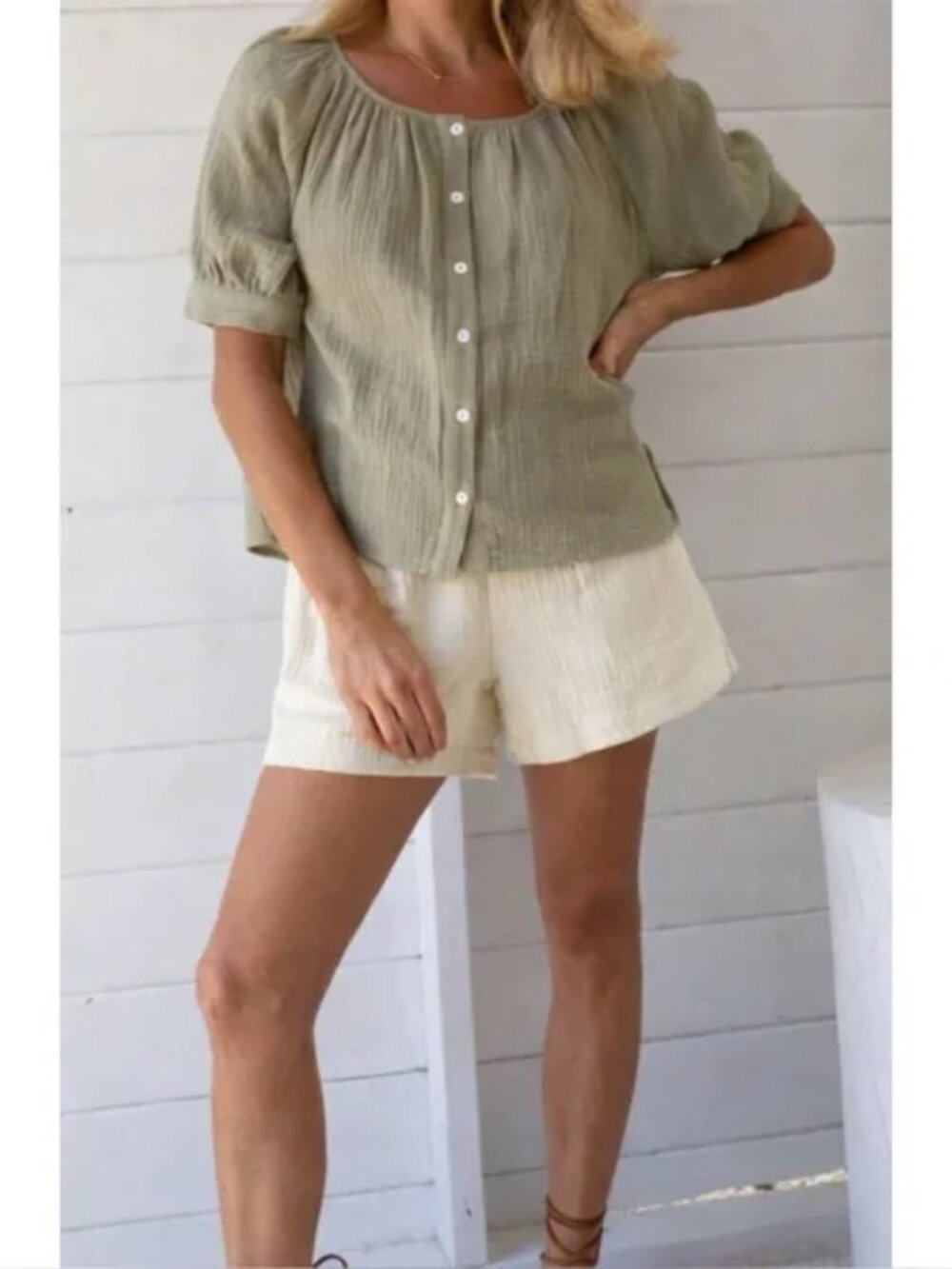 Marea Everly Gauze Top in succulent green size XS cotton blouse buttons - Picture 2 of 9